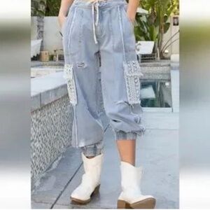 POL x Anthropologie crochet lace detail denim cargo joggers size Medium.